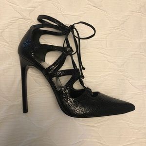 Stuart Weitzman Black Lace-Up Pointed Toe Stiletto Heels